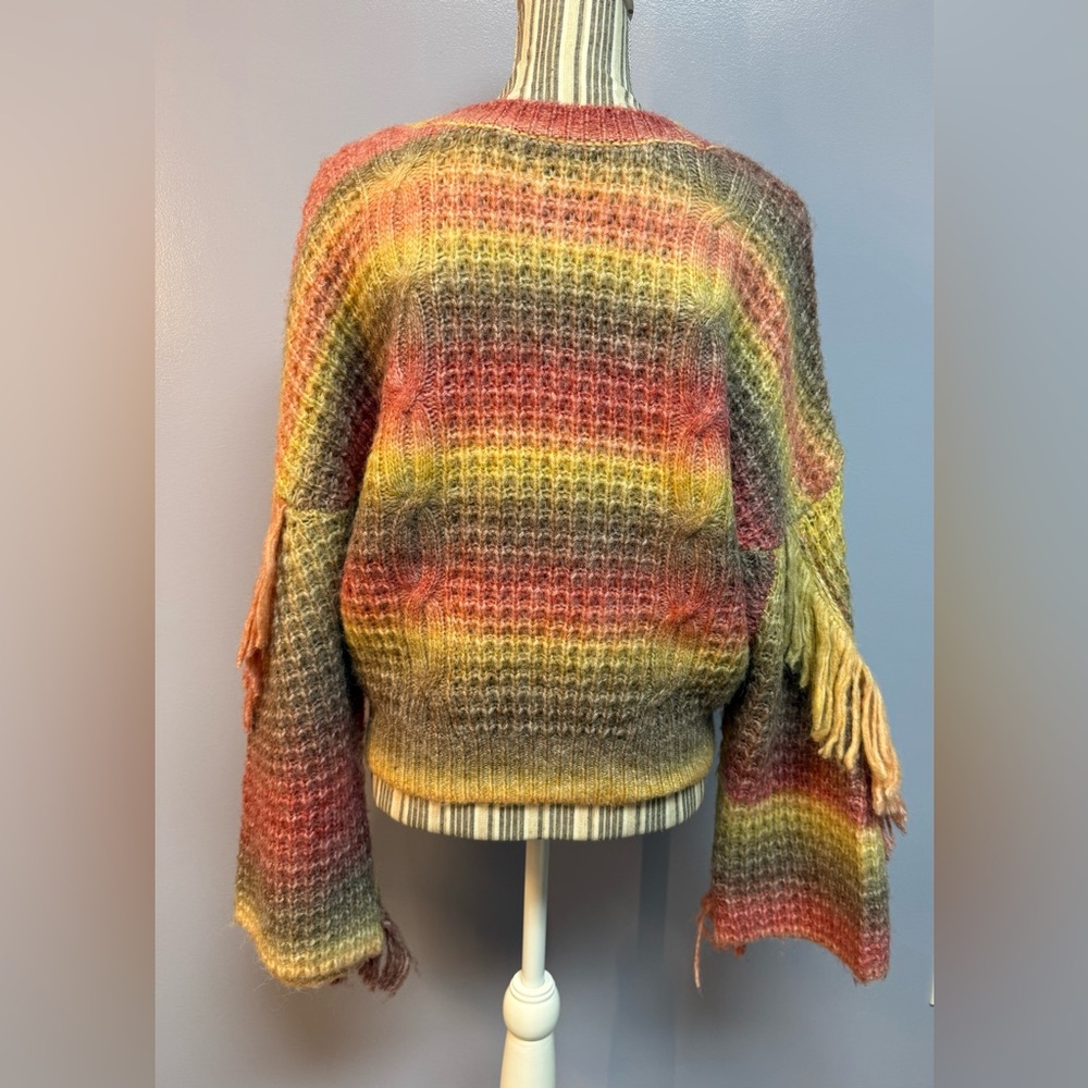 Sam Edelman Vibrant Fringe Cardigan Sweater bell sleeve wool size M - Picture 6 of 16